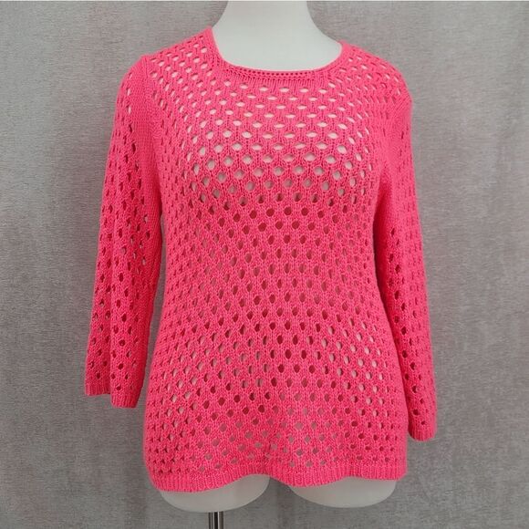 Lisa International Hot Pink Open Pointelle Knit Sweater Women's Plus Size 1X - Picture 2 of 10